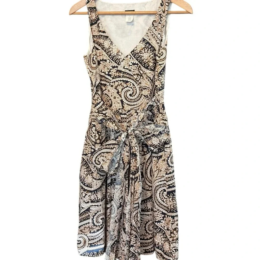J. Crew Cecelia Paisley V Neck Brown White Tie Waist Knee Short Dress Size 4 - Picture 4 of 7